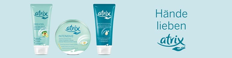 Drei atrix Produkte mit dem Marken-Claim "Hände lieben atrix"